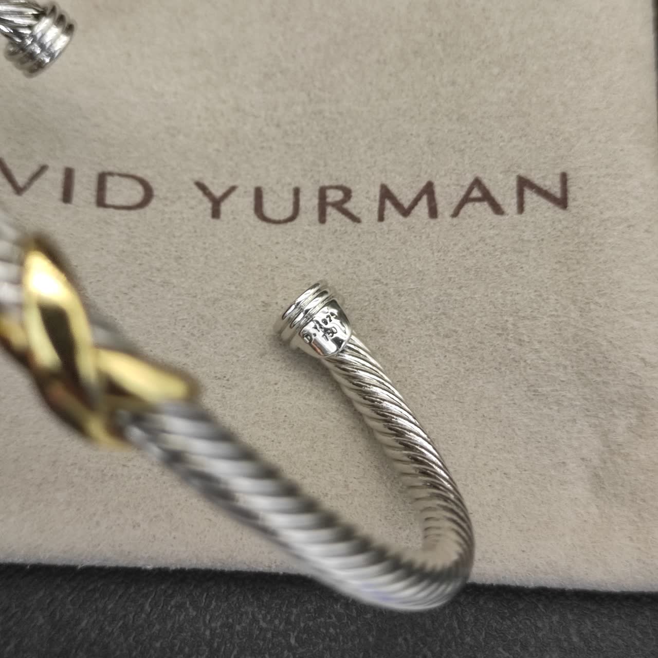 David Yurman Silver Cable Wire Bangle Bracelet with Gold Accents